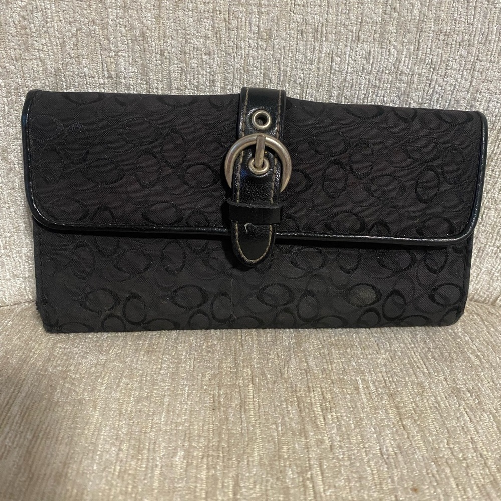 BLACK CLOTH WALLET WITH LEATHER TRIM, SILVER BUCKLE